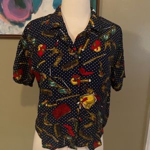 Pendleton Button down ladies top barber comb perfume polka dots lipstick hair